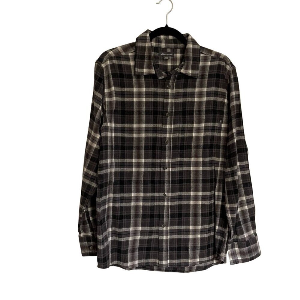 Eddie Bauer Men's Sz M Gray/White/Black Flannel Button Down Long Sleeve Shirt